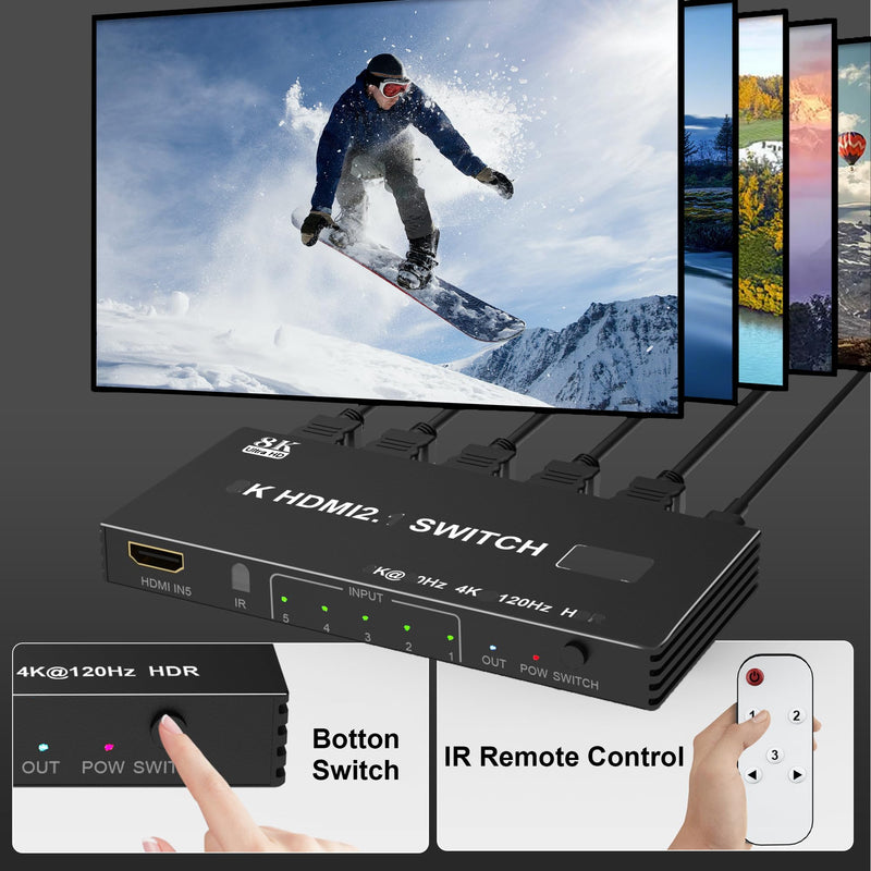 8K HDMI Splitter HDMI Switch 4K 120Hz - 5 in 1 Out hdmi switcher 8K 60Hz 4K 120Hz Splitter with Remote 3D HDR10+ HDCP 2.3 CEC, Use for PS5/4/3 Xbox Nintendo Switch DVD Roku Apple TV Fire Stick PC