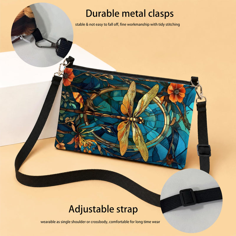 Dragonfly Golden Line Art Phone Case, 2D Flat Fabric Crossbody Pouch | Adjustable Strap, Phone Wallet