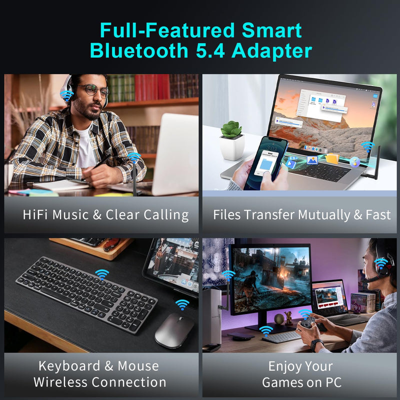 [AUSTRALIA] - Long Range Bluetooth 5.4 Adapter for PC, Wireless USB Dongle External Antenna for Windows 11 10 8.1 7 Linux Laptop Desktop Computer, Pair with Bluetooth Headset Speaker Mice Keyboard Printer Latest BT5.4-Detachable Antenna-BT548 
