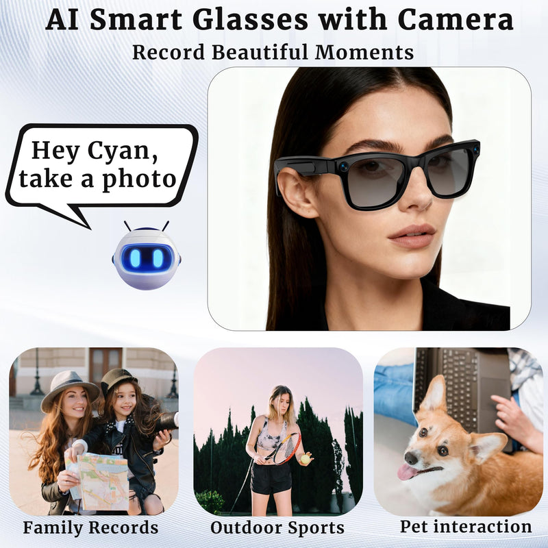 AI Smart Glasses with Camera, 8MP HD Video & Photo Capture for Travel | Video Recording Sunglasses, Open-Ear Audio, RealTime Translation, Interchangeable Blue Light & UV Protection Lenses