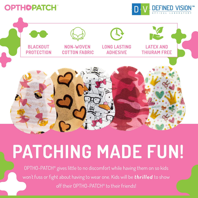 Opthopatch Kids Eye Patches - Fun Girls Design [Series I] - 30 + 10 Bonus Latex Free Hypoallergenic Cotton Adhesive Bandages for Amblyopia and Cross Eye - Reward Chart Poster by Defined Vision
