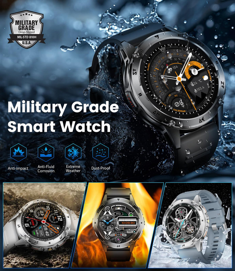LIGE Military Smart Watch for Men iPhone Android 1.43" HD Amoled Rugged 120+ Sport Modes IP68 Waterproof Answer/Make Call Fitness Running Heart Rate Blood Pressure Health Mens Smartwatch EF6-E Gun Black Black