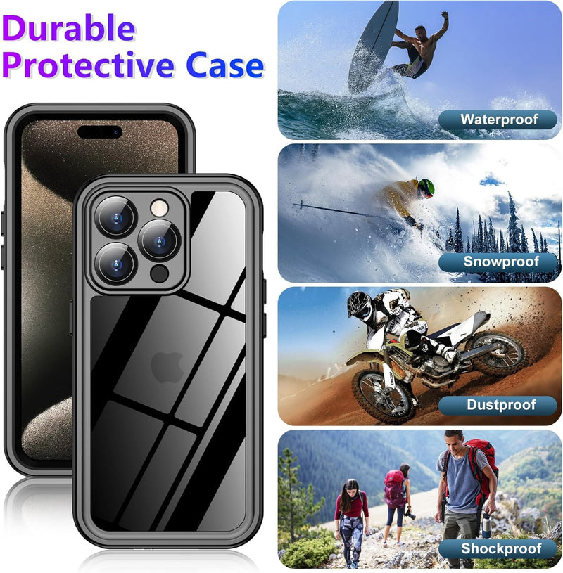 2026 New Designed for iPhone 15 Pro Max Case Waterproof, [Built-in Screen Protector & Glass Camera Protector][Full Body Shockproof][IP68 Underwater][Dropproof] Phone Case for iPhone 15 Pro Max 6.7" Black/Clear