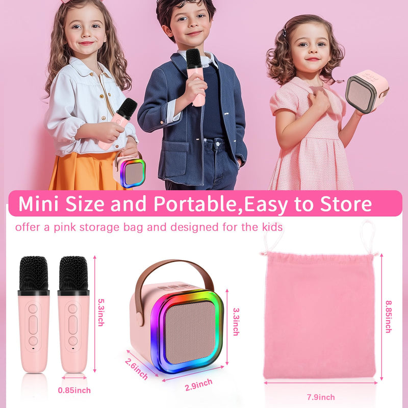 Mini Karaoke Machines for Kids, Girls Portable Karaoke Machine with 2 Microphones Speaker, 3 LED Disco Lights,5 Funny Sound, Gift for Boy Toddler Teen Adult Birthday Holiday Home Party Pink