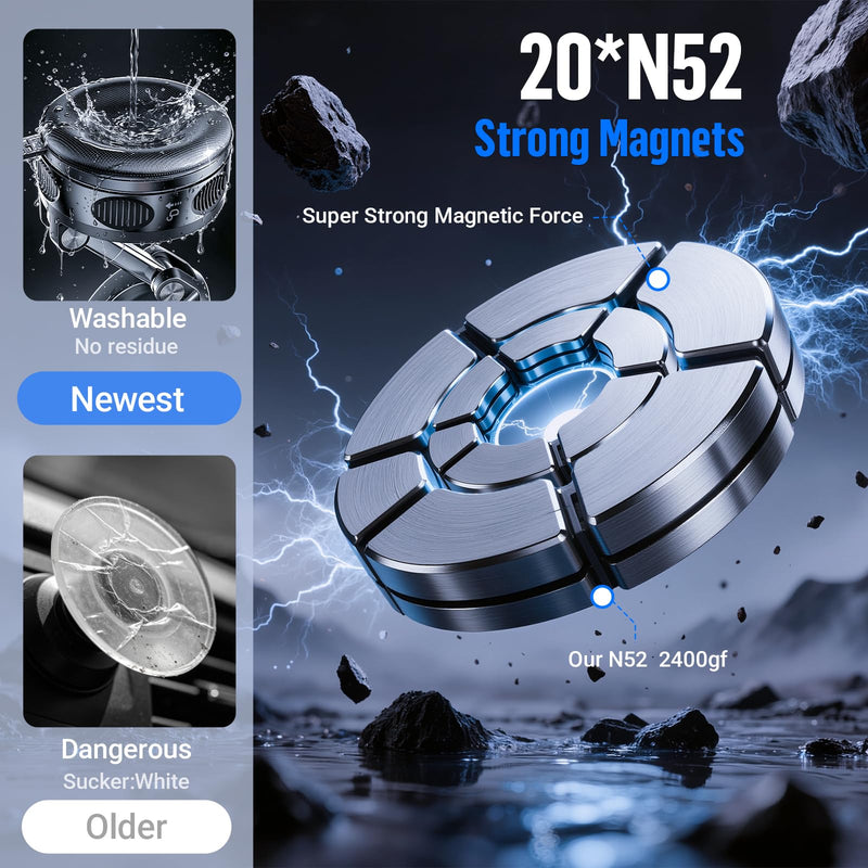 Magnetic Phone Holder for Car Dashboard Windshield Mount Strong Suction Cup | Car Mount for iPhone & Android, 20 N52 Ultra Strong Magnets, 360° Adjustable Foldable Heavy Duty Hands-Free Hot-Resistant