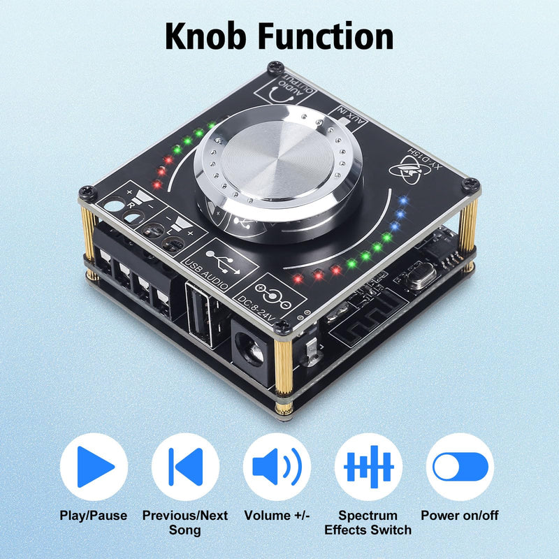 15W+15W Mini Bluetooth Amplifier Board, PEMENOL DC 8-24V Stereo Dual Channel Audio Power Amplifier Module with Music Spectrum Volume Indicator Support Bluetooth Audio U Disk for Home DIY Speaker