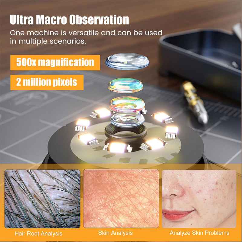 [AUSTRALIA] - Handheld Dermatoscope Skin Analyzer Machine, Wireless Portable Digital Microscope with 1080P IPS Screen 8 LEDs, 500X Magnifier, for Scalp/Hair Trichomes Facial Skin Dermatoscope Black-Dual Mirror 