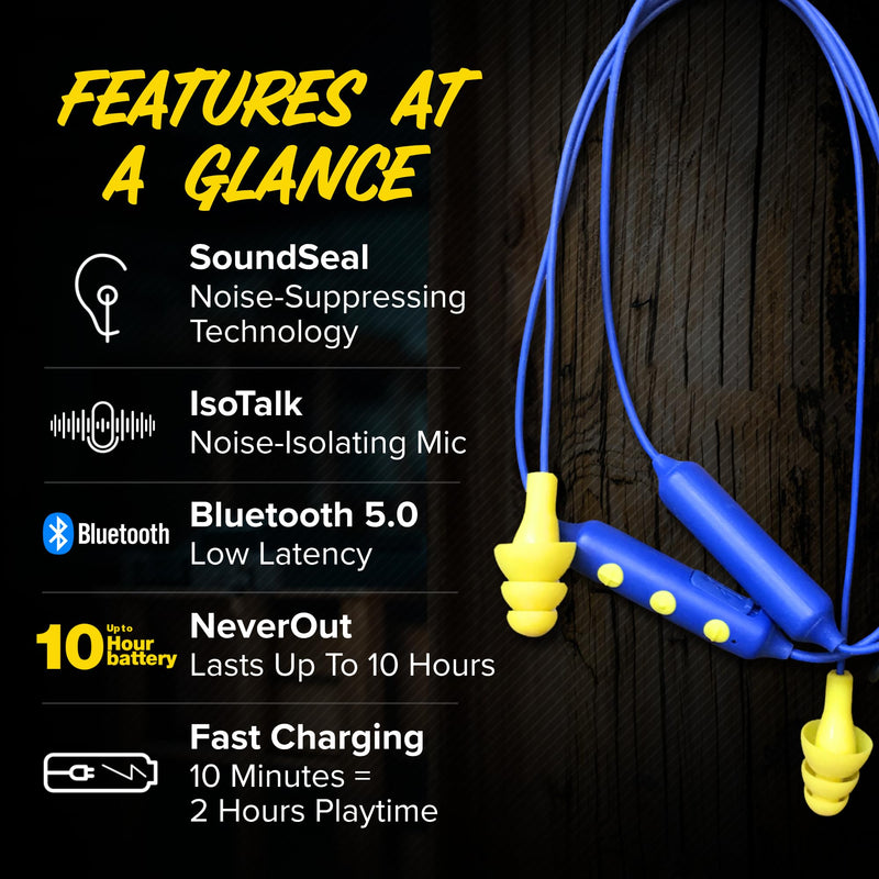 Plugfones Basic Pro Bluetooth Earplug Headphones for Work, OSHA Compliant | 25dB NRR Hearing Protection Earplugs, Wireless Safety Earbuds, Noise Isolating Mic, Construction, Warehouse, Blue & Yellow Blue, Yellow