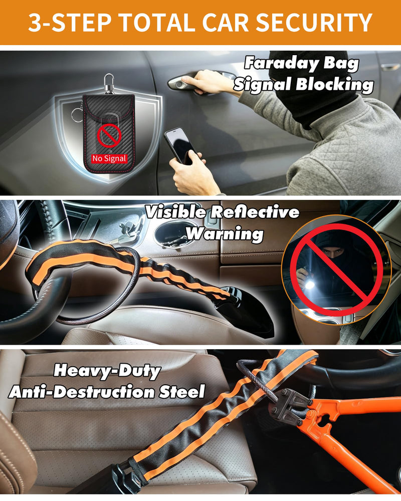Steering Wheel Lock with Faraday Bag, Adjustable 17" Car Anti Theft Device with Reflective Warning Strips, Visible Vehicle Security Deterrent for Cars SUVs Trucks Vans, Includes 3 Keys Orange