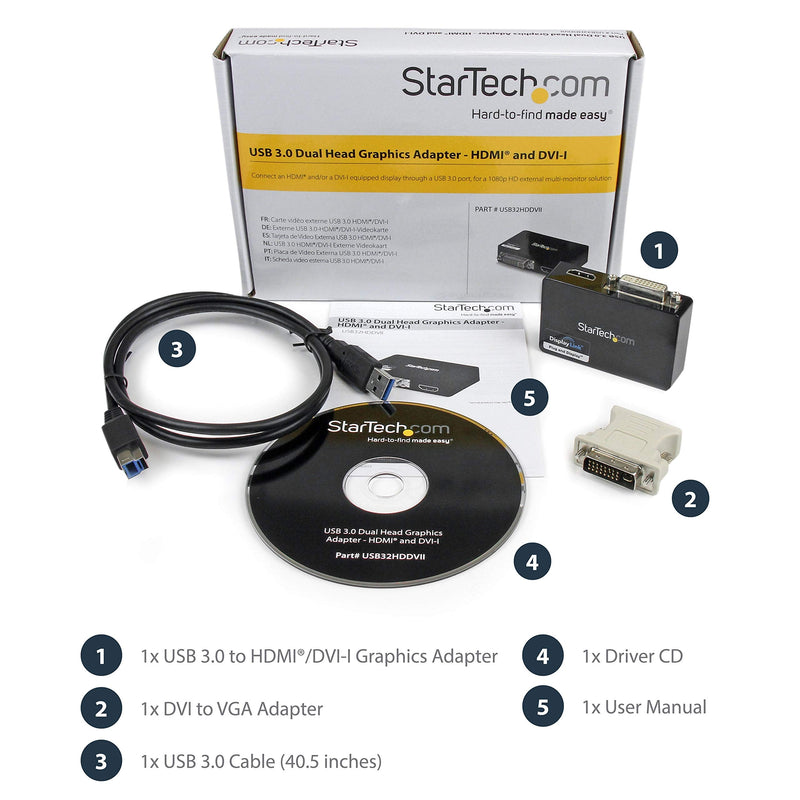 StarTech USB 3.0 to HDMI / DVI Dual Monitor Adapter Cable, 2048 x 1152, TAA | USB to HDMI and DVI-I external graphics, USB powered, DVI to VGA adapter included, Mac and Windows Dual Monitor w/ DVI Single