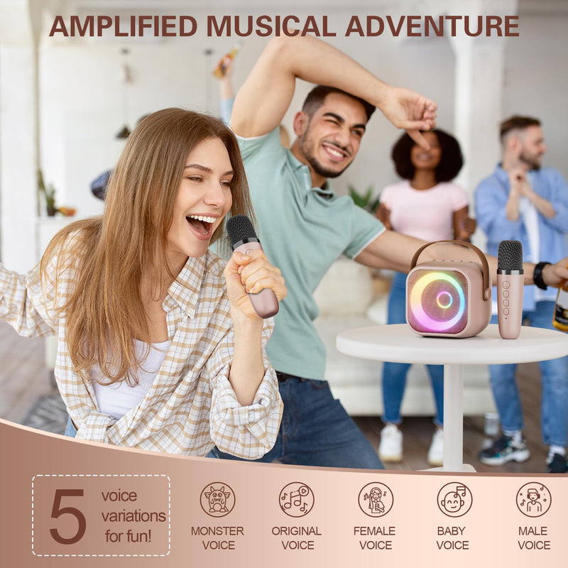 [AUSTRALIA] - Mini Karaoke Machine, Portable Bluetooth Karaoke Speaker with 2 Wireless Microphones and Party Lights for Kids and Adults, Birthday Gifts for Girls Boys Family Home Party (Rose Gold) 2 Mics Rose Gold 