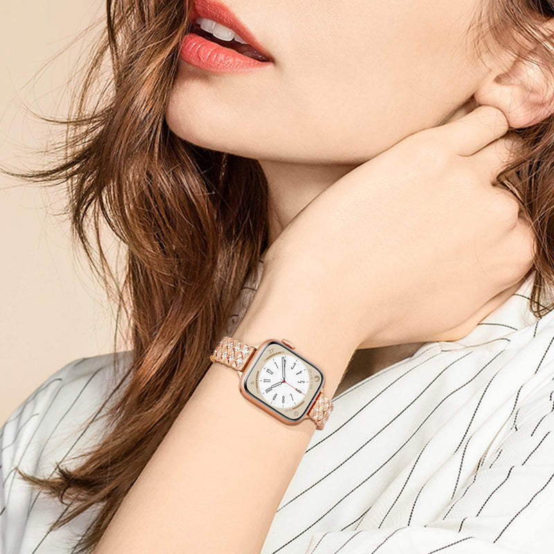 Exquisite Diamond Rhombus Band for Rose Gold Apple Watch Band 49mm 45mm 44mm 42mm, Fashion Shiny Band for Women, Elegant Alluring Metal Bracelet for iWatch Series 8/7/6/5/4/3/2/1/SE Ultra-Rose Gold