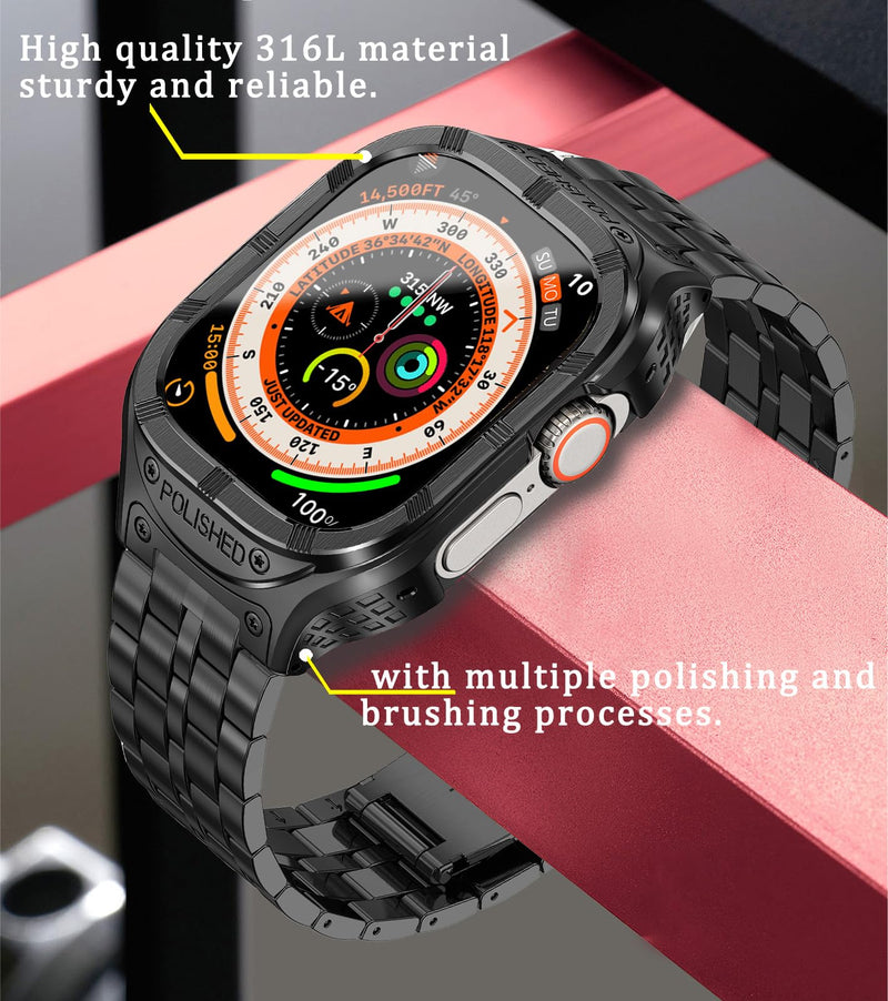 Stainless Steel Case and Band Compatible for Apple Watch Ultra 2 Band/Apple Watch Ultra Band 49mm 45mm 44mm 42mm,Rugged Metal iWatch Ultra/Ultra 2 Case with Strap for Men Black