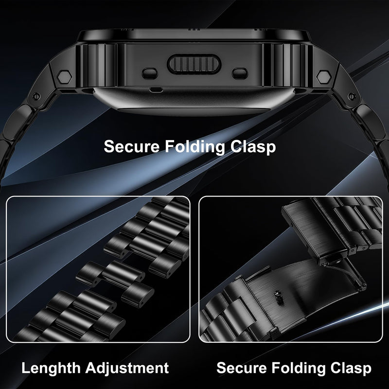 Metal Band Compatible with Fitbit Watch Versa 4/3/2/Lite Sense 2/1 | HASLFM Stainless Steel Strap with Case, Rugged Cover for Men. Black