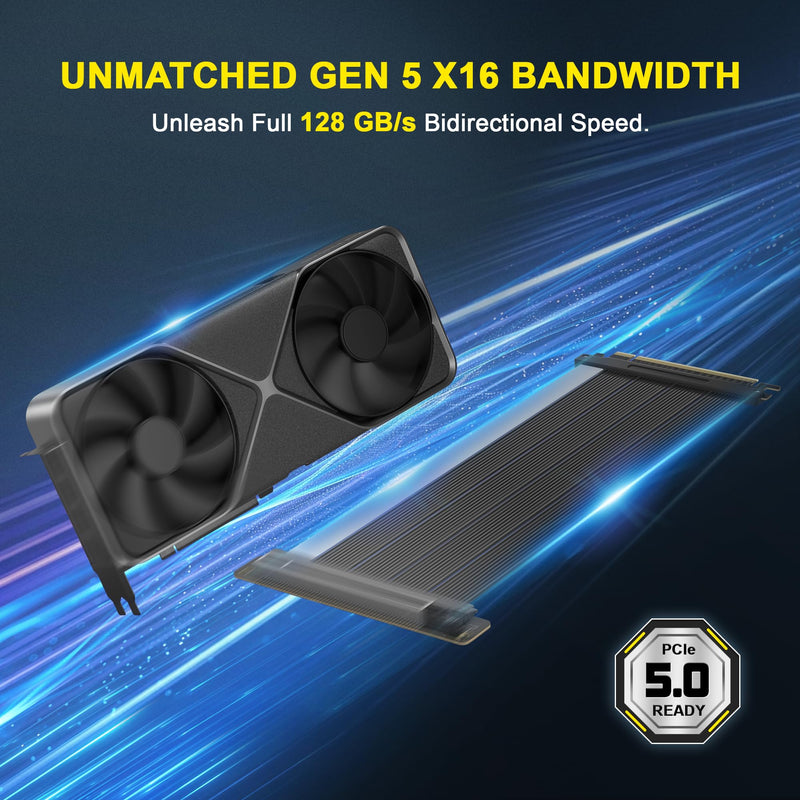 PCIe 5.0 Riser Cable Gen5 x16, 20cm GPU Extension for RTX 5090/5080 | Unleash 128GB/s bandwidth with zero lag. Shielded 6-layer PCB stops EMI blackouts, while 180° flexible TPE fits mid-towers.