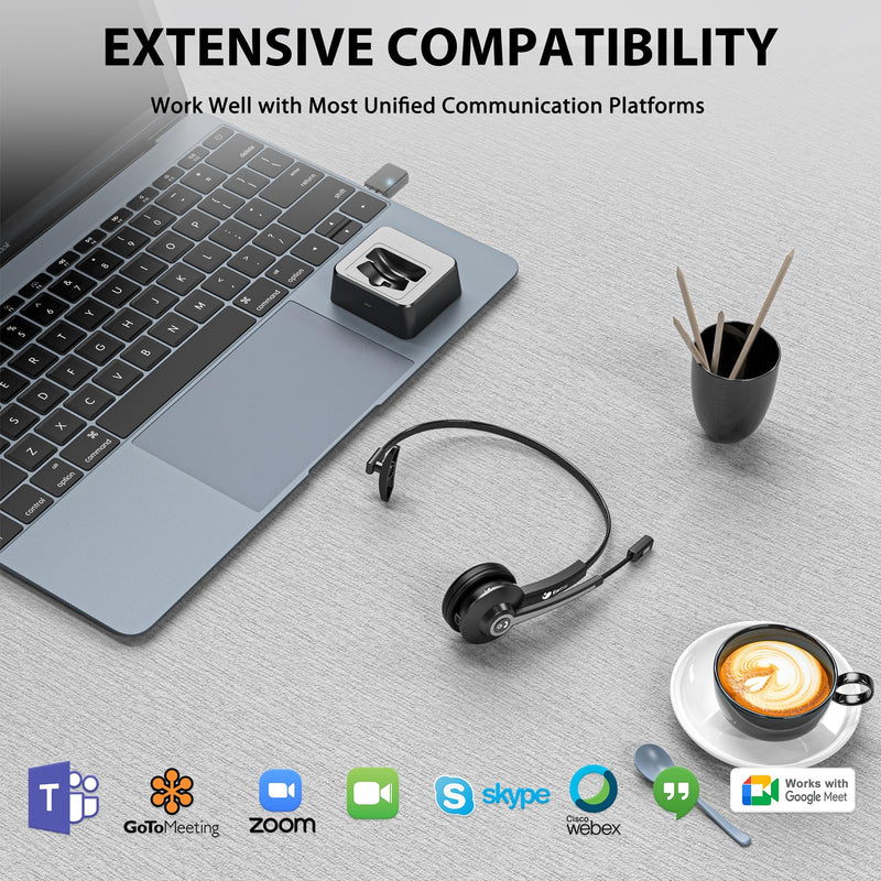[AUSTRALIA] - Earbay Trucker Bluetooth Headset, Wireless Headphones with Microphone Mute & USB Dongle, Wireless Headset with Mic for Work Noise Canceling & Charing Base for Work/PC Computer/Phones/Office/Meeting Black 