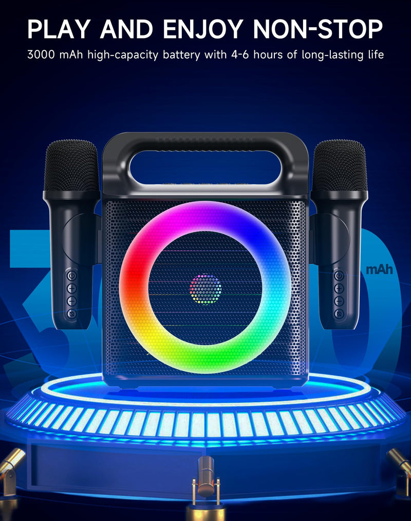 SINWE Portable Karaoke Machine with 2 Wireless Microphones - Bluetooth Singing Device with Colorful Lights & 15W Speaker for Christmas, Birthday Parties, Weddings & Home Entertainment