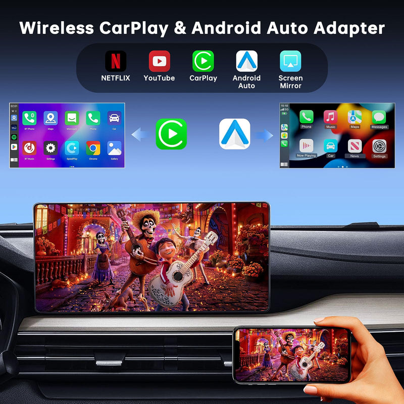 6-in-1 Magic Video Box for Netflix/YouTube, Wireless CarPlay Adapter & Android Auto Wireless Adapter Convert Wired to Wireles Carplay Dongle for OEM Wired CarPlay Cars, TF Card Playback, Plug & Play Compact