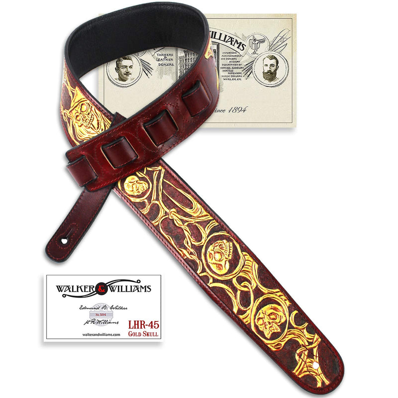 Walker And Williams LHR-45 Handmade Blood Red Premium Carving Leather Guitar Strap With Bright Gold Barbed Skull Carving And Padded Leather Back For Acoustic, Electric, And Bass Guitars
