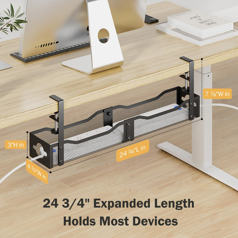 DELAMU 25'' Upgraded No Drilling Under Desk Cable Management Tray, Black | Under Desk Cable Management, Extra-Long, No Tools Required Installation, Height-adjustable, Home Office Gaming Accessories Glossy Black Extended