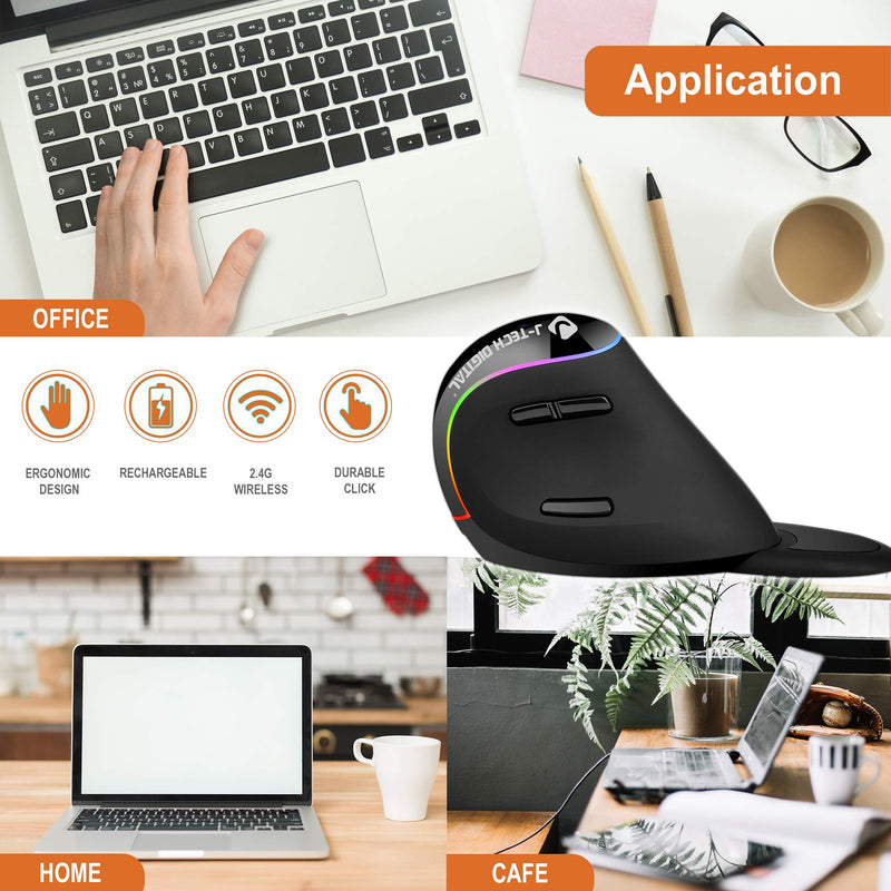 J-Tech Digital Ergonomic Mouse with Wireless Connection, Removable Palm Rest, Thumb Buttons, Rechargeable Battery, 800, 1200, 1800, 3200 Adjustable DPI; Compatible with Windows and MAC OS [V638] Right Hand Black RGB LED