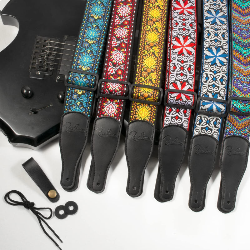Guitar Strap, Jacquard Embroidered Cotton Straps with Genuine Leather Ends Shoulder Strap for Bass, Acoustic, Electric Guitar Retro Teal