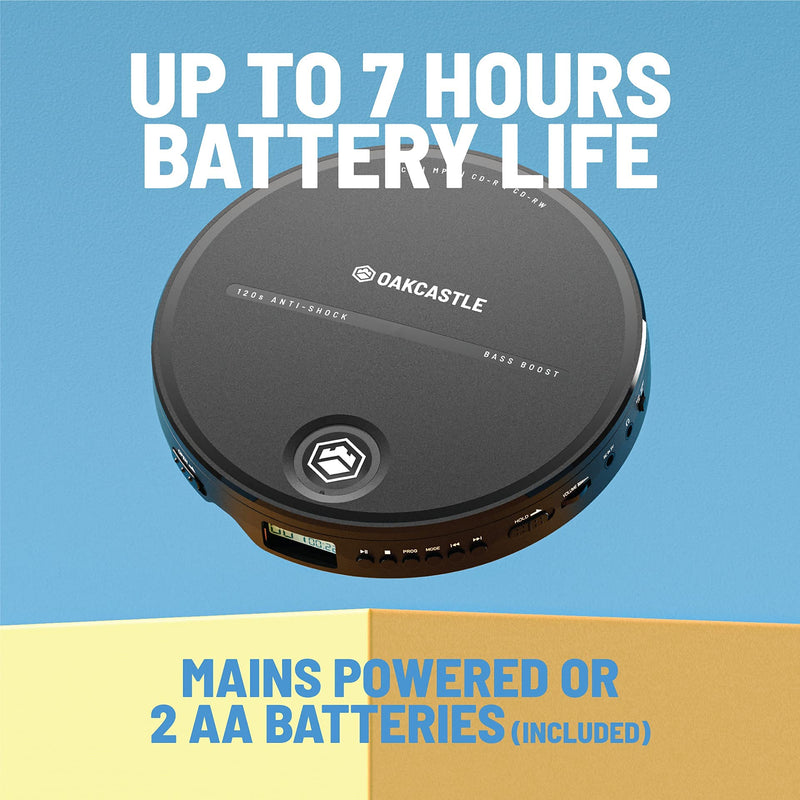Oakcastle CD10 Portable CD Player | Battery Powered | Personal Walkman Disc Player | Anti-Skip | Retro Style Discman | Headphones Included