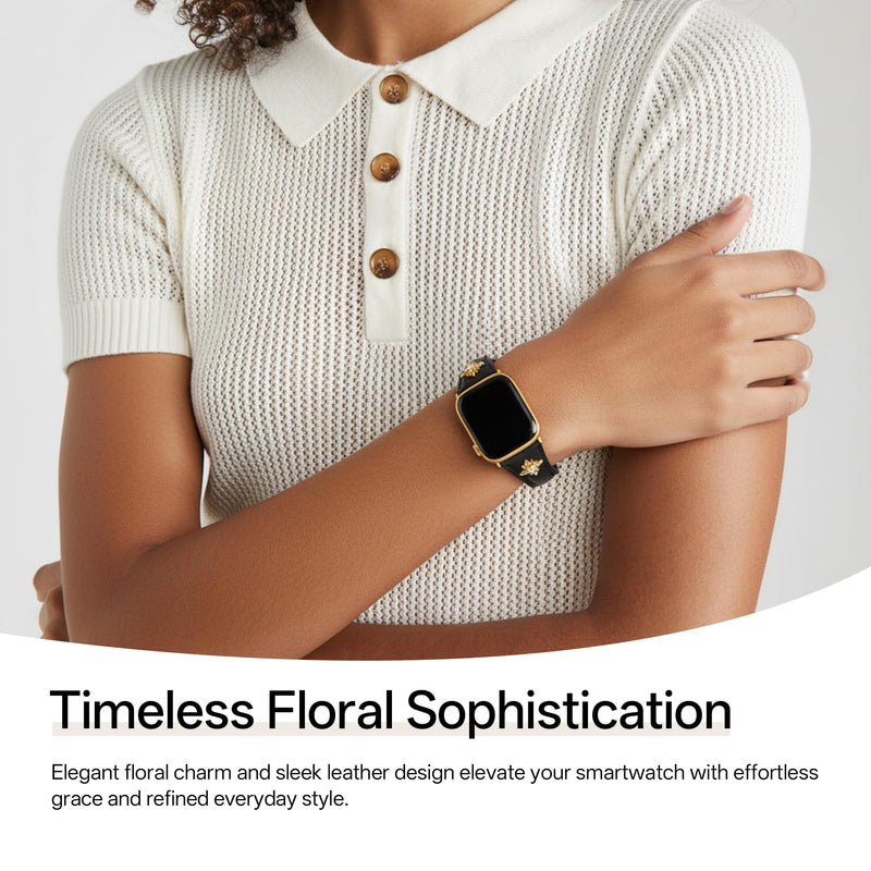 Flower Genuine Leather Watch Band for Women Compatible with Apple Watch 38/40/41/42/44/45/46/49mm, for iWatch 11/10/9/8/7/6/5/4/3/2/1 Ultra SE, Platinum/14ct Gold Plated Black & Gold 42(Series 3 2 1)/44/45/46/49mm