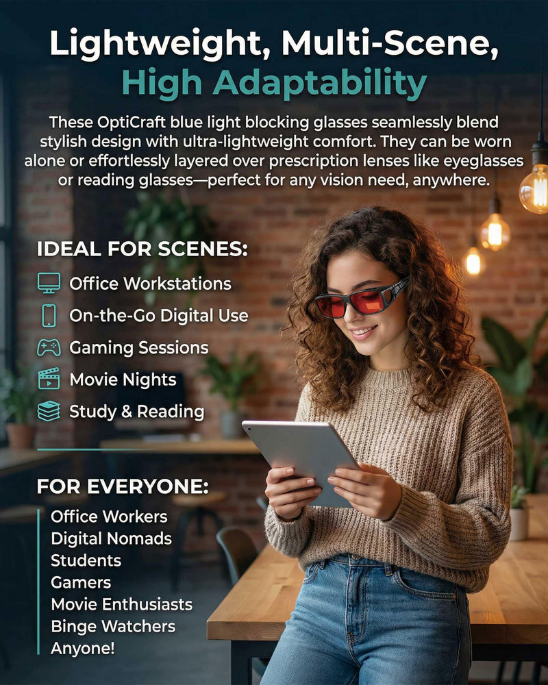 OptiCraft Blue Light Blocking Glasses Wear Over Prescription, Better Sleep | Computer Glasses for Digital Screen, Reduce Eye Strain, Red Lenses Block UV400 and 380-500nm Rays, Light Sensitivity Glasses B01 Black Frame / Amber Lens