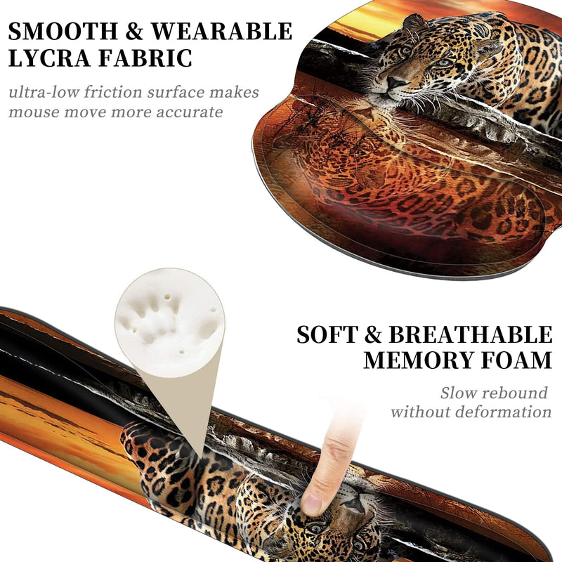 Ergonomic Mouse Pad Wrist Support & Keyboard Wrist Rest Set (with Coaster), Memory Foam Gel Keyboard Moue Pads Combo for Easy Typing Pain Relief Computer Laptop Office-Leopard Drinking Leopard Drinking