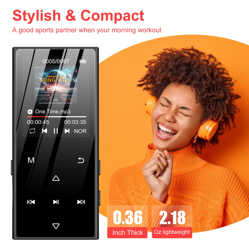 128GB MP3 Player with Bluetooth 5.3 - SWOFY D50 Music Player with Built-in HD Speaker, FM Radio, Voice Recorder, HiFi Sound, E-Book, Earphones Included
