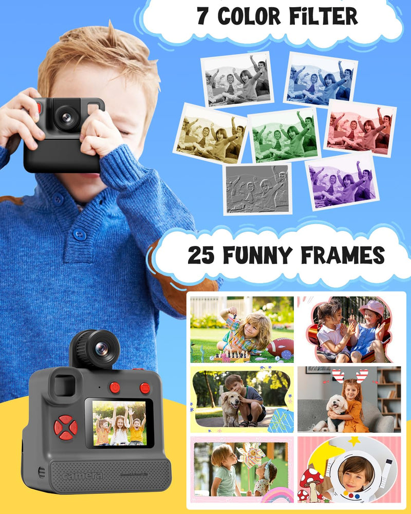 Kids Camera Instant Print, Christmas Birthday Gifts for Toddle Girls Boys Age 3-12, 24MP & 1080P Selfie Digital Camera with 3 Roll No-Ink Print Paper 32G SD Card - Black