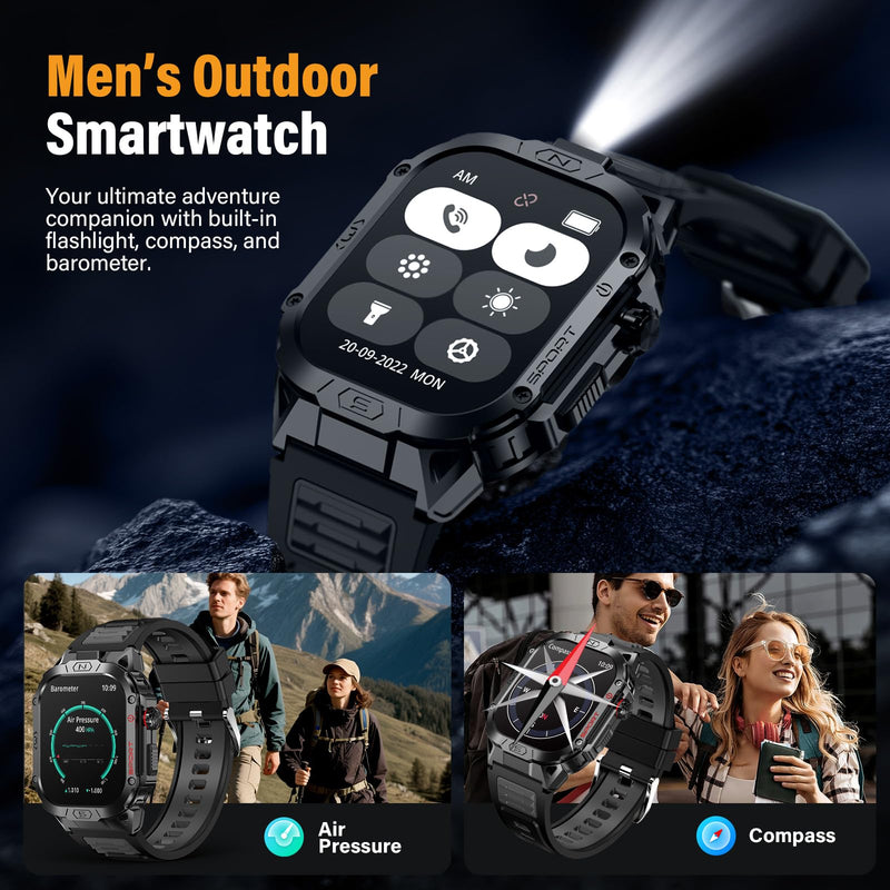 Military Smart Watch for Men, 2.02" Screen, 100+ Sport Modes, Android iOS | Heart Rate Blood Oxygen Blood Pressure Sleep, 100+ Sport Modes Fitness Tracker, Outdoor Sport Smartwatch with Flashlight Black