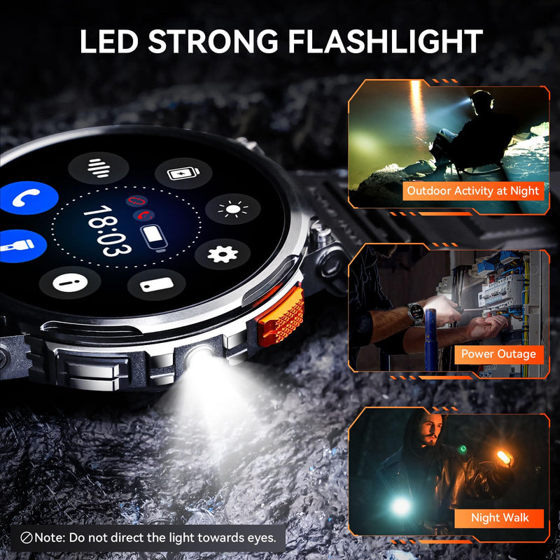 1.85” Big Screen Military Smart Watch for Men with LED Flashlight 2 Straps | Rugged Smart Watch, 730mAh Battery, 100+ Sports Modes, Fitness Watch, Heart Rate Monitor, Sleep Tracker Black Stainless Steel