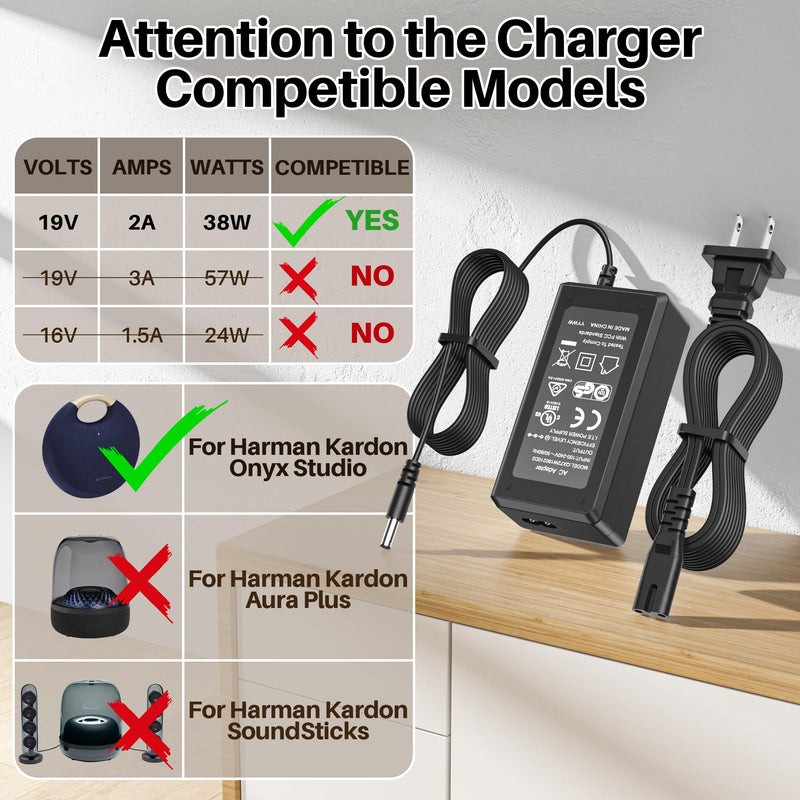 for Harman Kardon Charger for Harman Kardon Speaker Onyx Studio 8 7 6 5 4 3 2 1 Wireless Bluetooth Speaker Power Cord for Harman Kardon Onyx Aura Studio 1 2 3 4 5 Speaker 19V DC Power Supply
