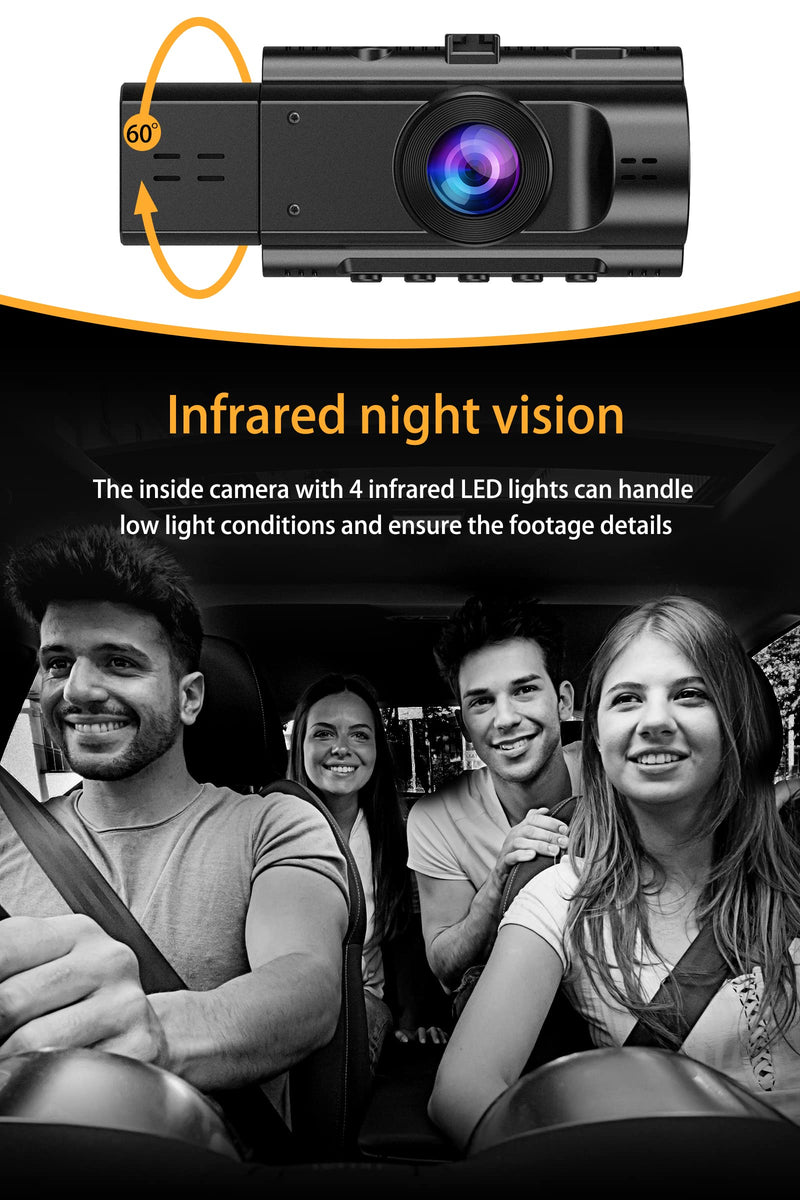 Dual Dash Cam Front and Inside with 64GB Card, FHD 1080P Dash Camera for Cars Dashcams for Cars with Infrared Night Vision Car Camera 24H Park Monitor Motion Detection G-Sensor for Taxi Uber