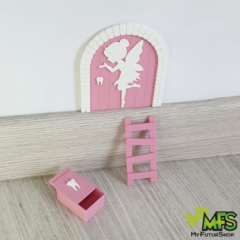 [AUSTRALIA] - Myfuturshop® Magic Tooth Fairy Door, Box for Teeth, Ladder and 4 Tooth Certificates, French Version, Unique Gift for Boys and Girls, Wake Up the Magic (Pink) Pink 