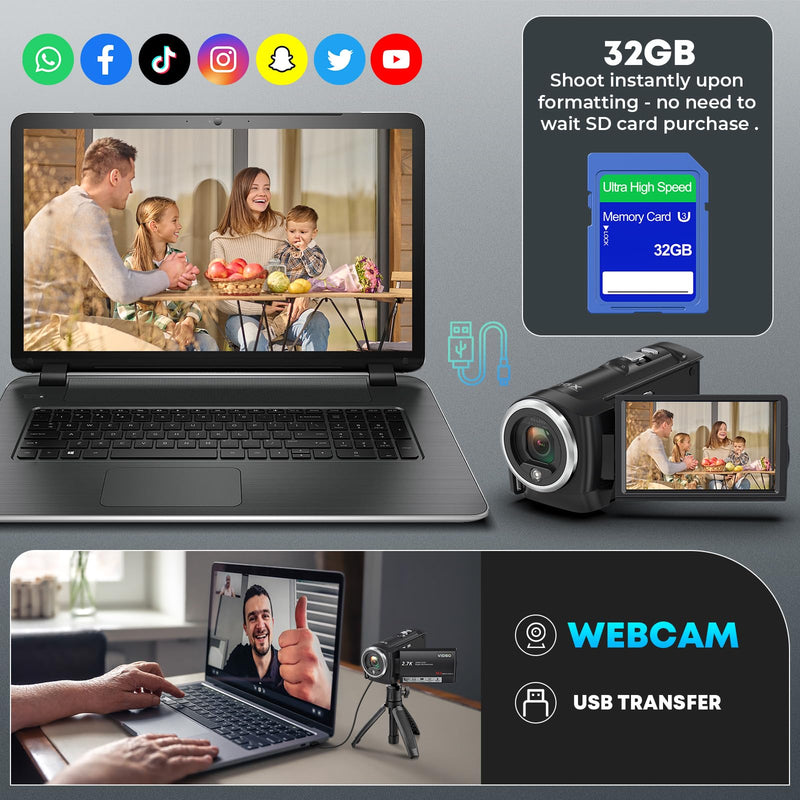 2.7K Video Camera Camcorder QHD 56MP YouTube Vlogging Cameras | 16X Digital Zoom Camcorders Webcam with 32G SD Card 270 Degree Rotation Screen and 2 Batteries Recording While Charging Dark Black