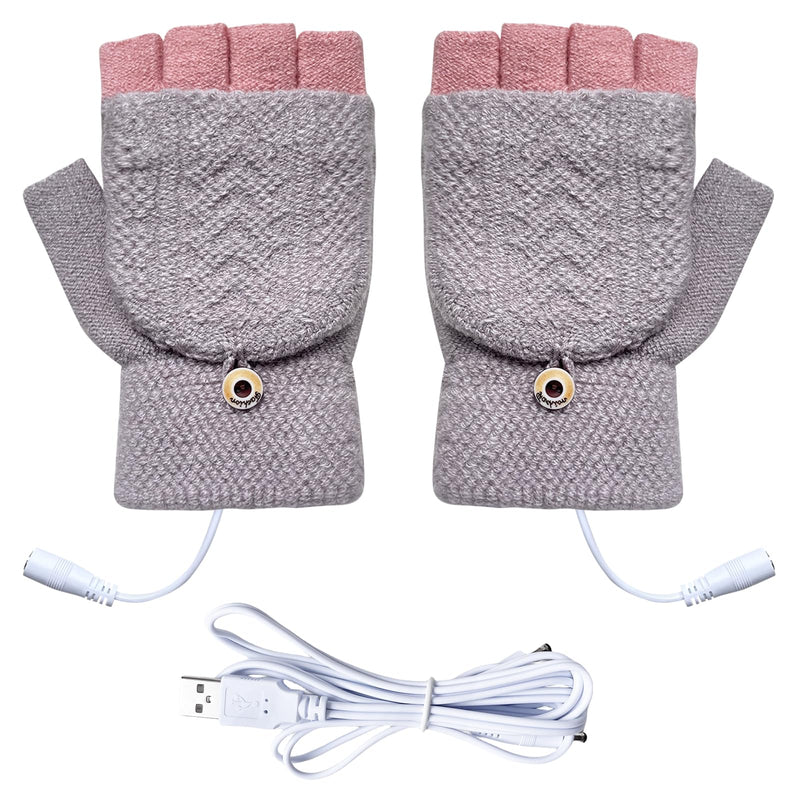 Women's & Men's USB Heated Gloves Mitten Full & Half Fingerless Winter Hands Warmer Laptop Gloves Grey Pink