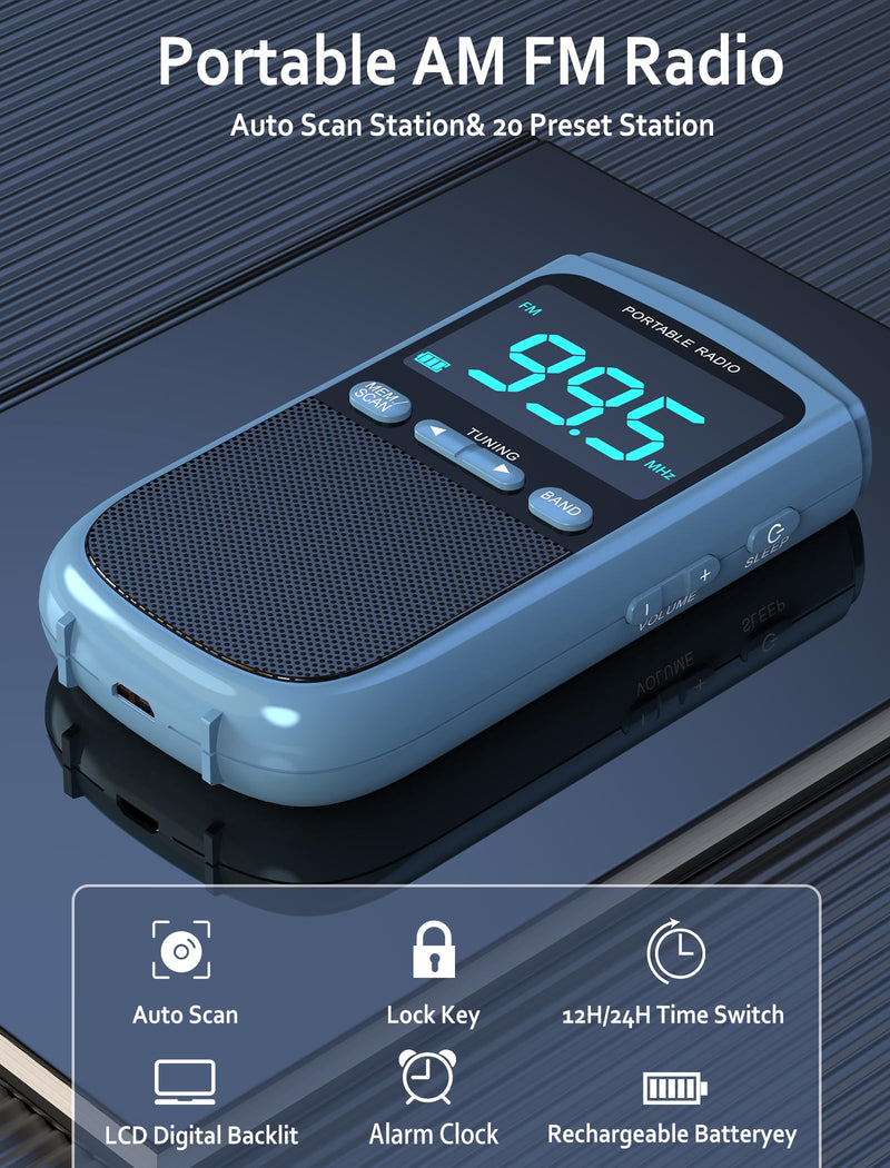 Portable AM/FM/SW Radio with Best Reception,900mAh Walkman with LCD Display, Headphones,Pocket Radio Rechargeable Battery,Digital Tuner and Presets for Walking Blue