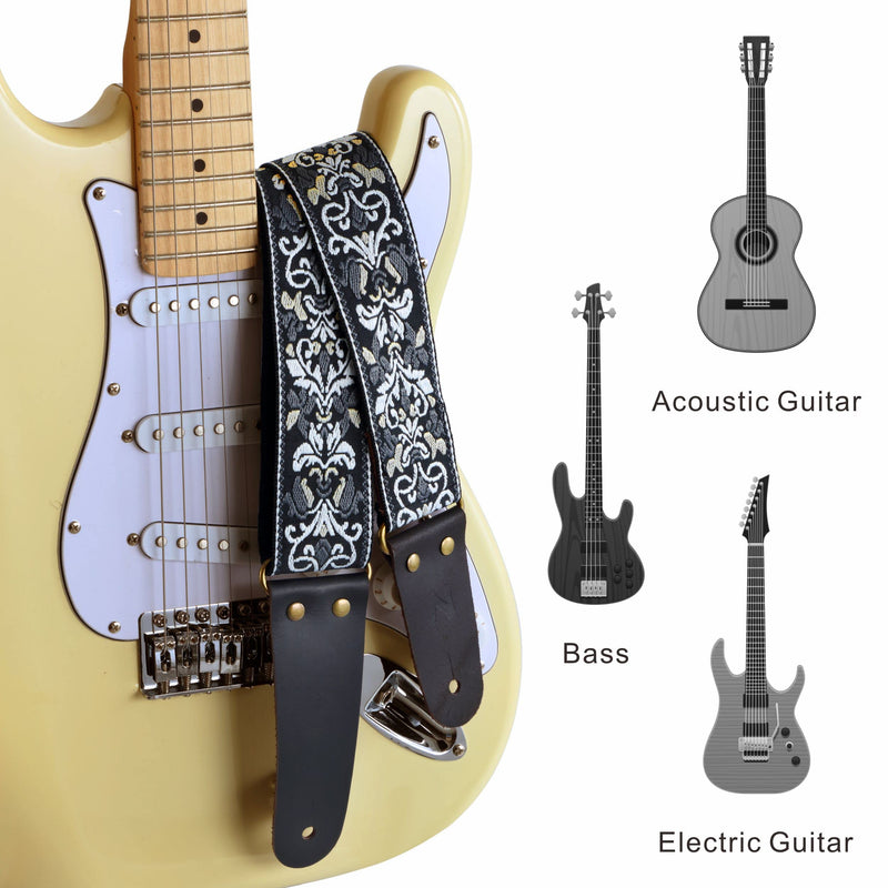Nefelibata Guitar Strap, 2" Jacquard Embroidery Guitar Straps, Full Grain Leather Ends with Hidden Pocket, for Bass, Electric and Acoustic Guitars, Free Buckle, Strap Lock and Guitar Picks