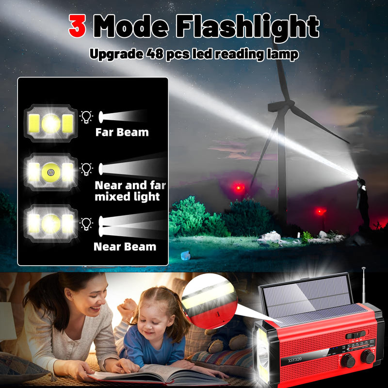 [AUSTRALIA] - Emergency Crank Weather AM/FM Radio with 2 Solar Panels Weather Radio Portable Radio, 5 Charging Modes SOS Siren 3 ModesFlashlightCell Phone ChargerReading Light (Red) Red 