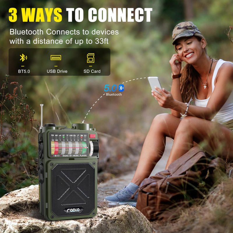 Emergency Crank Radio- Emgykit 4000mAh/14800mWh AM/FM/WB/SW/NOAA Weather Radio with Bluetooth,Flashlight,SOS Alarm, Powered by USB Charged,Hand Crank & Solar Power for Camping, Emergency Green