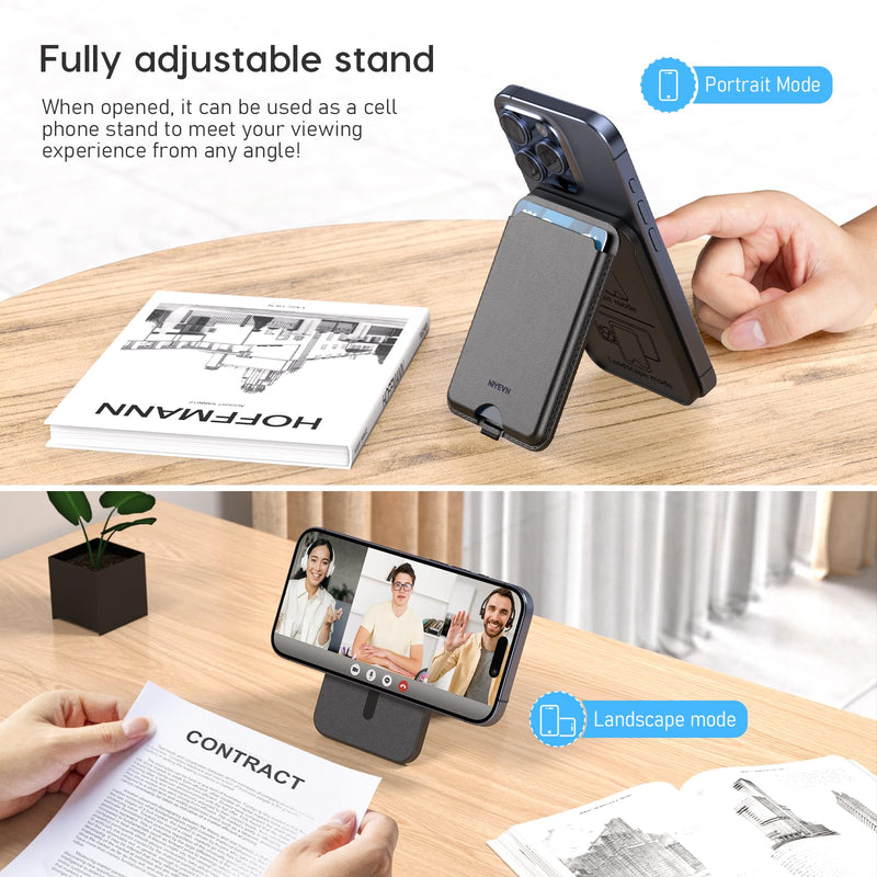 Magnetic Wallet ，Compatible with MagSafe Wallet, for iPhone Wallet with Adjustable Stand, for iPhone 15/14/13/12 Series, 3-Card HolderVegan Leather black