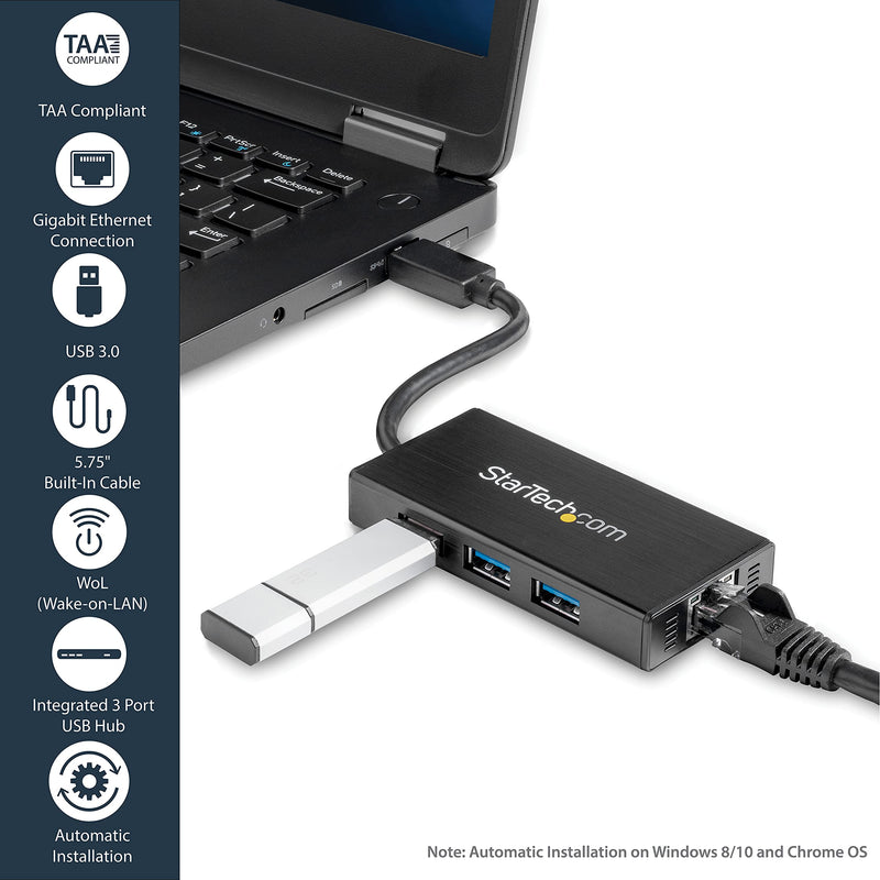StarTech.com USB 3.0 Hub with Gigabit Ethernet Adapter - 3 Port - NIC - USB Network / LAN Adapter - Windows & Mac Compatible (ST3300GU3B) Black w/ 3 USB Ports