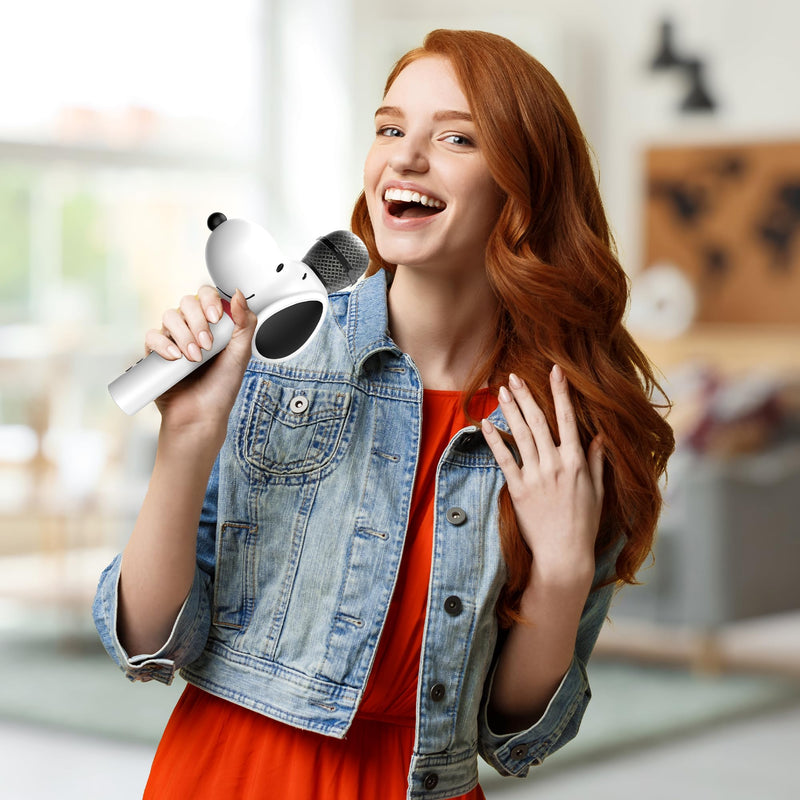 Peanuts Snoopy Bluetooth Karaoke Microphone – Wireless Speaker with Sound Effects, FM Radio, Onboard Controls & Rechargeable Battery – Vintage Inspired Design White