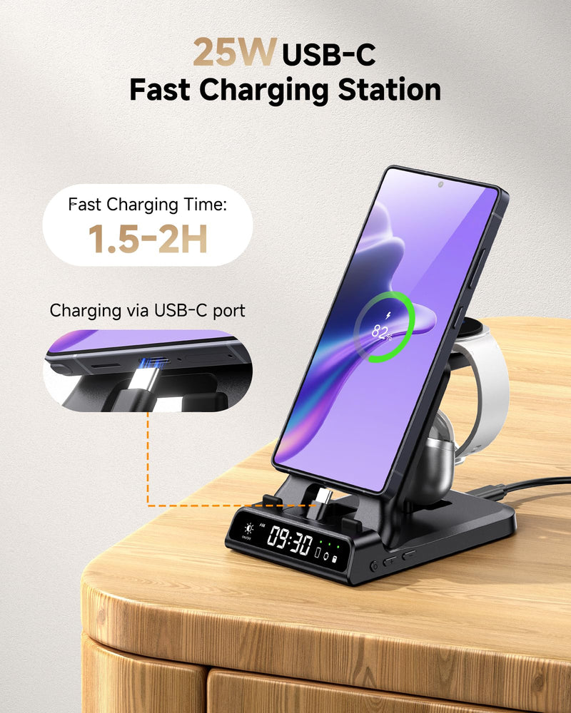 25W USB C Fast 3-in-1 Foldable Charging Dock for Samsung Phone Watch & Buds | 25W Fast Charging, for Galaxy S26/S25/Z Flip 8/Fold 8/A57/A36, for Galaxy Watch Ultra/8-5, USB C Buds, SwanScout 701S