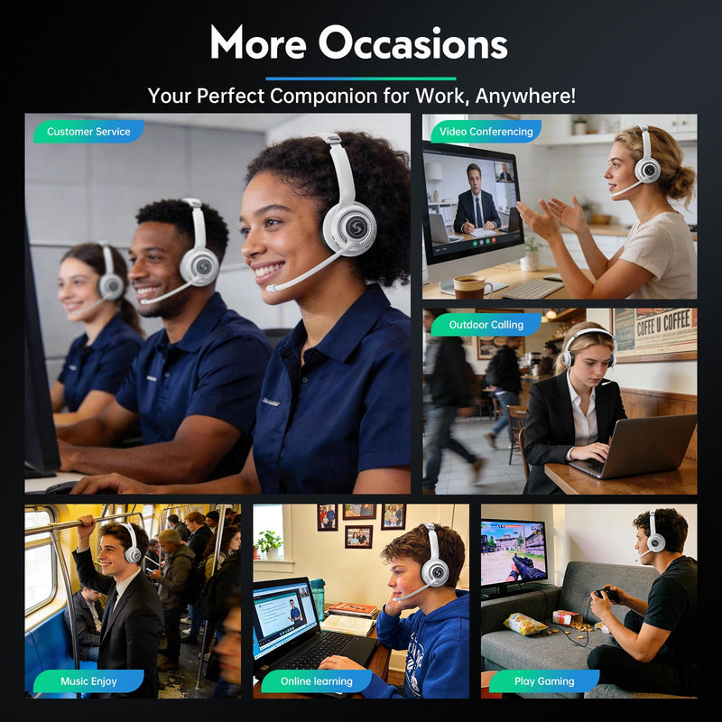 [AUSTRALIA] - Wireless Headsets with Mic for Work, Wireless Headset for Cell Phones, Ultra Lightweight& 50+ Playtime, On Ear Bluetooth Headphone Fit for PC/Call Center/Computer/Laptop/Teams - White 