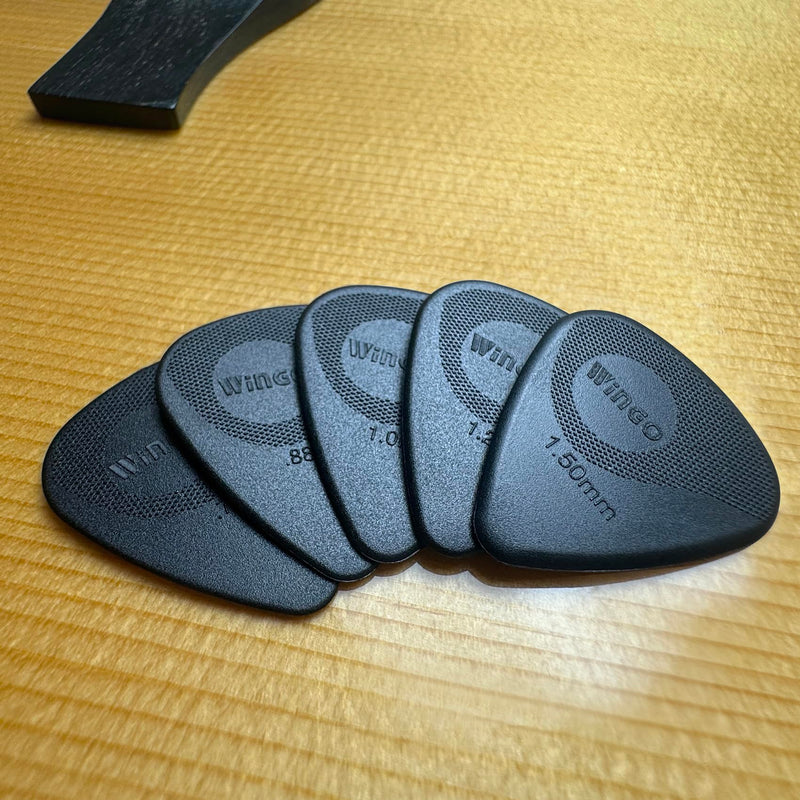 WINGO Guitar Picks with Grip Stamped, Non Slip Picks 5 Pack (073, 088, 1.0, 1.25, 1.5mm) for Acoustic Electric Guitar Bass- Black Color.