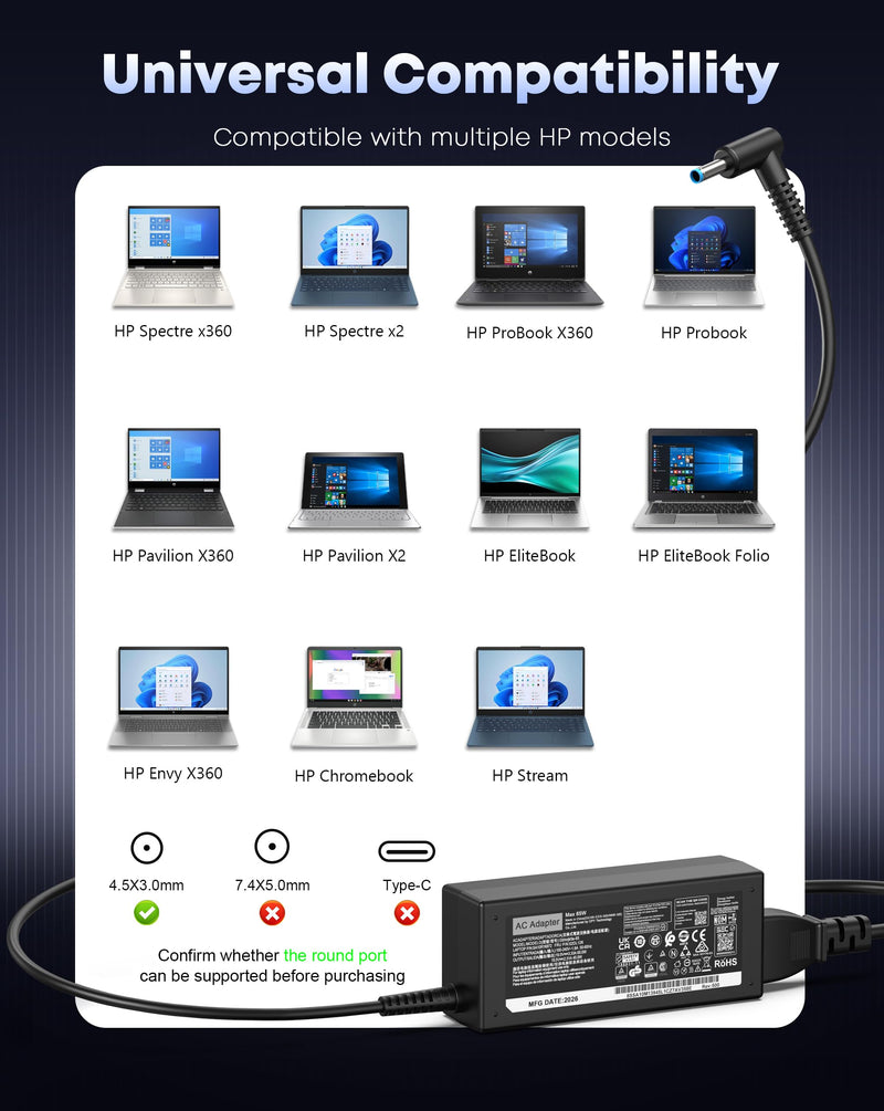 Charger for HP Laptop Computer 65W 45W Smart Blue Tip 4.5mm Compatible with HP Pavilion x360 14/15/17, Envy 13/15, EliteBook ProBook Stream Spectre 710412-001